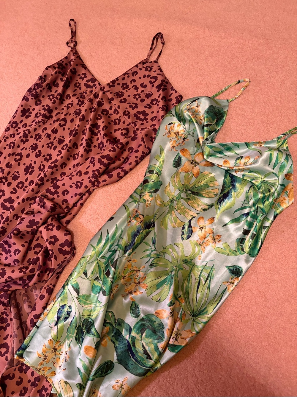 2 Slip Dresses:  Copper Leopard & Green Tropical Satin Slip Dress  XL - Picture 3 of 16